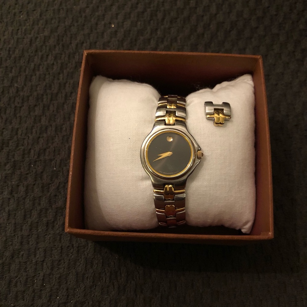 Movado Ladies Black Museum Dial Two Tone Stainless Steel Bracelet Watch